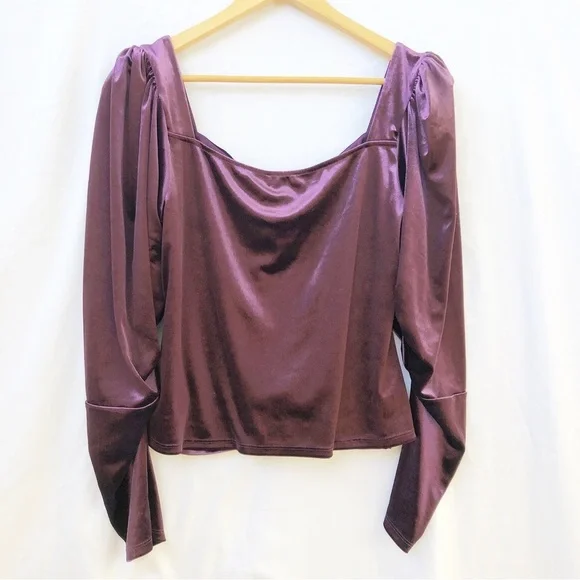 EXPRESS | LARGE DARK PURPLE VELVET RUCHED LONG SLEEVED BLOUSE TOP - Picture 6 of 6